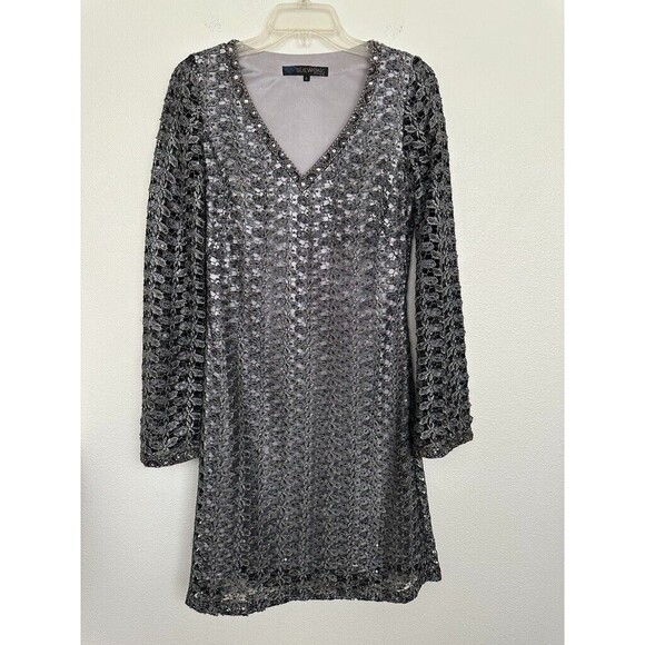 Sue Wong Nocturne Sheath Dress Long Sleeve Embellished Lined V-Neck Gray Women 6 - Picture 1 of 9